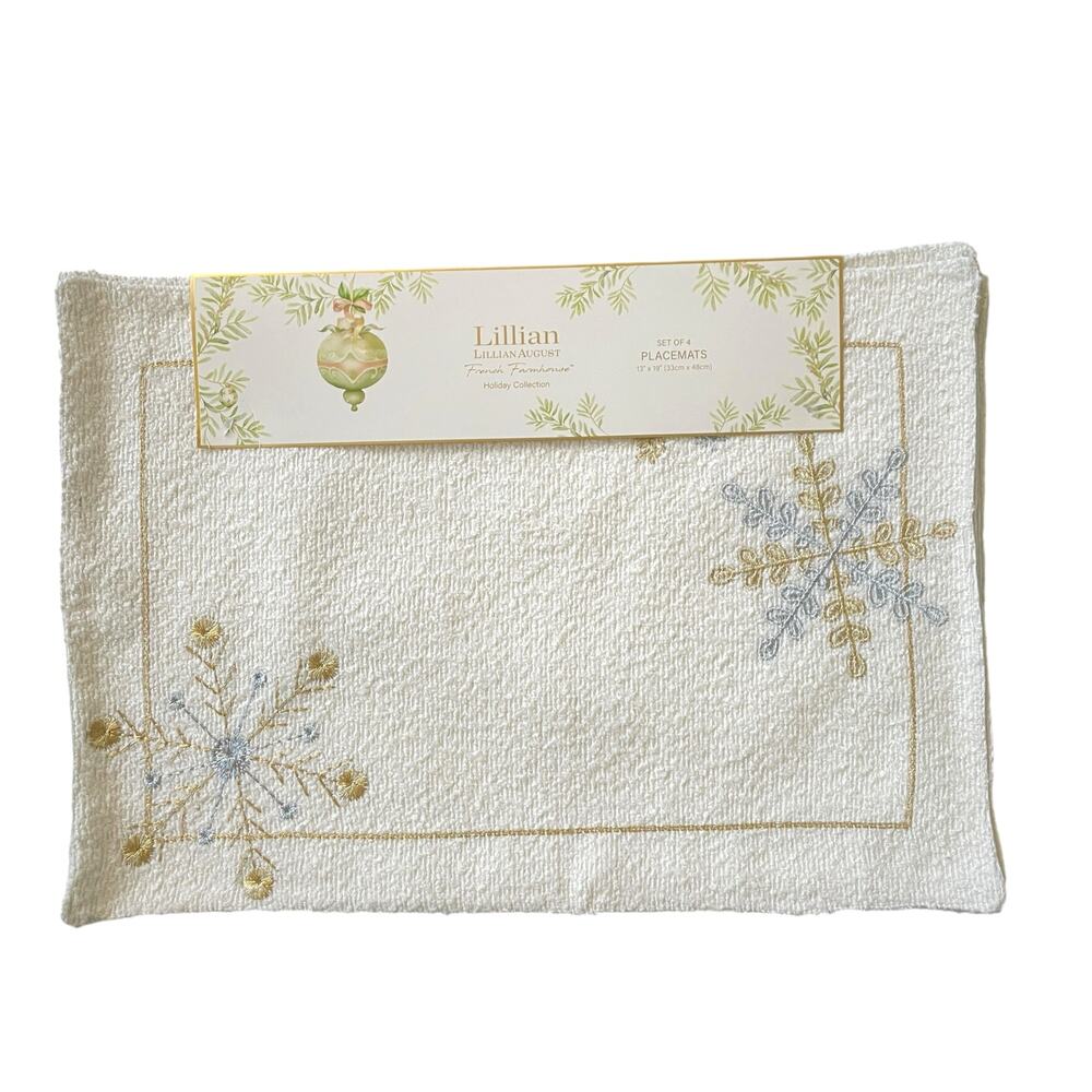 Lillian August Christmas Placemats Set of 4 Gold & Silver Snowflake Holiday Glam